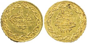 TURKEY: Mahmud II, 1808-1839, AV ¼ cedid mahmudiye (0.40g), Kostantiniye, AH1223 year 30, KM-643, choice AU.

 Estimate: USD 75 - 100