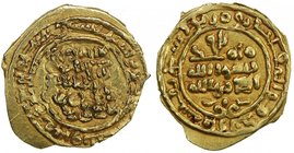 SAFFARID: Khalaf b. Ahmad, 972-980, AV fractional dinar (1.06g), Sijistan, AH384, A-1420.2, obverse double-struck, but the mint & date are clearly leg...