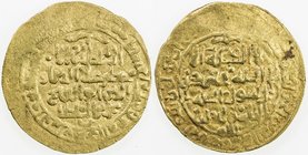 KHWARIZMSHAH: Muhammad, 1200-1220, AV dinar (4.00g), A-1712, blundered mint & date formula in the obverse margin, mint name perhaps khuwarizm, more li...