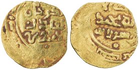 GREAT MONGOLS: Chingiz Khan, 1206-1227, AV dinar (3.14g) (Bukhara), ND, A-1964, SNAT-XVa:267 (same dies), Zeno-5001, citing Chingiz Khan by name: obve...