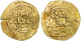 GREAT MONGOLS: Anonymous, ca. 1220s-1230s, AV dinar (3.84g), Astarabad, ND/DM, A-1965, obverse legend al-khaqan / al-'adil / al-a'zam, with the mint n...