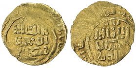 GREAT MONGOLS: Anonymous, ca. 1220-1250, AV dinar (2.65g), NM, ND, A-1966, standard kalima // citing the caliph al-imam al-a'zam al-nasir li-din Allah...