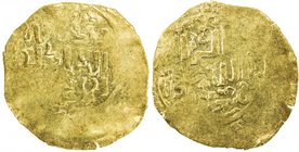 GREAT MONGOLS: Möngke, 1251-1260, AV broad dinar (4.76g), NM, ND, A-T1977, obverse legend mangu qan / al-'adil / al-a'zam, kalima reverse, very crude ...