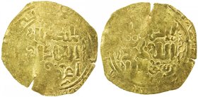 GREAT MONGOLS: Möngke, 1251-1260, AV broad dinar (4.34g), NM, ND, A-T1977, obverse legend mangu qan / al-'adil / al-a'zam, kalima reverse, very crude ...