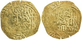 GREAT MONGOLS: Möngke, 1251-1260, AV broad dinar (3.77g), Astarabad, ND, A-V1977, obverse legend mangu qan / al-'adil / al-a'zam, mint name above, kal...