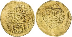 ZAND: Karim Khan, 1753-1779, AV ¼ mohur (2.71g), Yazd, AH1109 (for 1190), A-2791, reverse in pointed octofoil, EF.

 Estimate: USD 140 - 170