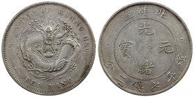 CHIHLI: Kuang Hsu, 1875-1908, AR dollar, Peiyang Arsenal mint, Tientsin, year 34 (1908), Y-73.2, L&M 465, dragon, lightly cleaned, EF.

 Estimate: U...