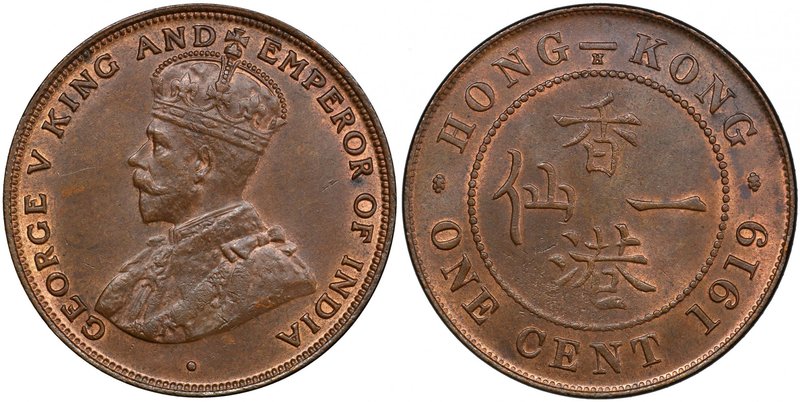 HONG KONG: George V, 1910-1936, AE cent, 1919-H, KM-16, better date, some red, P...