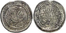 TENASSERIM-PEGU: Anonymous, 17th-18th century, cast large tin coin (40.99g), Robinson—, 68mm, mythical hintha bird facing left, with tail rising above...