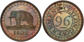 CEYLON: George III, 1796-1820, AE 1/96 rixdollar, 1802, KM-74, Elephant left, struck at the Soho Mint, Birmingham, by Matthew Boulton, PCGS graded PF6...