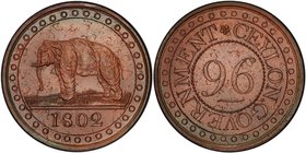 CEYLON: George III, 1796-1820, AE 1/96 rixdollar, 1802, KM-74, Elephant left, struck at the Soho Mint, Birmingham, by Matthew Boulton, lacquered, PCGS...