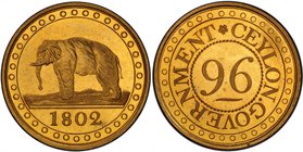 CEYLON: George III, 1796-1820, gilt AE 1/96 rixdollar, 1802, KM-74, Elephant left, struck at the Soho Mint, Birmingham, by Matthew Boulton, PCGS grade...
