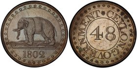 CEYLON: George III, 1796-1820, AE 1/48 rixdollar, 1802, KM-75, Elephant left, struck at the Soho Mint, Birmingham, by Matthew Boulton, PCGS graded PF6...