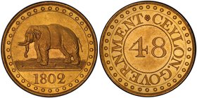 CEYLON: George III, 1796-1820, gilt AE 1/48 rixdollar, 1802, KM-75, Elephant left, struck at the Soho Mint, Birmingham, by Matthew Boulton, PCGS grade...