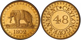 CEYLON: George III, 1796-1820, gilt AE 1/48 rixdollar, 1802, KM-75, Elephant left, struck at the Soho Mint, Birmingham, by Matthew Boulton, PCGS grade...