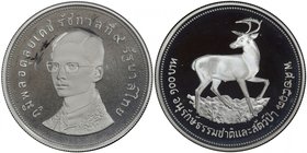 THAILAND: Rama IX, 1946-2016, AR 100 baht, BE2517 (1974), Y-103a, Wildlife Conservation - Eld's Deer, PCGS graded PF68 DC.

 Estimate: USD 150 - 200