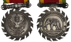 THAILAND: medal (21.19g), ND, 35mm silver or silvered Chakrabati Mala medal: Siva facing // elephant left, edge serrated, with original clasp and ribb...