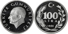TURKEY: Republic, AR 100 lira, 1988, KM-988a, Fisek-135, reported mintage of 1000 in silver, Proof, R. 

 Estimate: USD 100 - 140