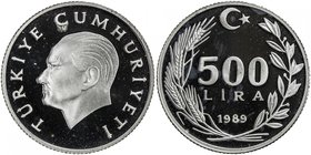 TURKEY: Republic, AR 500 lira, 1989, KM-989a, Fisek-136, reported mintage of 1000 in silver, Proof, R. 

 Estimate: USD 100 - 140
