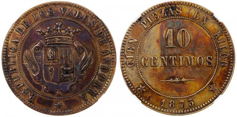 ANDORRA: Republic, AE 10 centimos, 1873, Bruce-X2, Revolutionary issue, REPUBLIC...