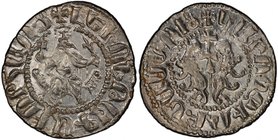 ARMENIA: Levon I, 1198-1219, AR tram, Ner-297, king seated on throne, holding fleur-de-lys & cross // long cross between two lions, with unusual ornam...