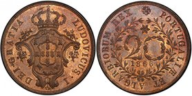 AZORES: Luiz I, 1861-1889, AE 20 reis, 1866, KM-15, no stops in reverse legend, very attractive, PCGS graded MS64 RB. Tied for second highest graded a...