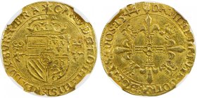 BRABANT: Charles V, 1506-1555, AV couronne d'or au soleil (3.40g), Antwerp, 1544, Fr-62, DeMey-154, crowned shield // cross, arms terminating with fle...