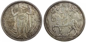 CZECHOSLOVAKIA: Republic, AR 10 dukaten, 1929, Bruce-XM6, medallic issue, 1000th Anniversary of Christianity in Bohemia, standing warrior with sword a...