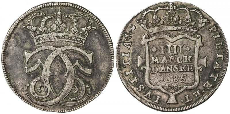 DENMARK: Christian V, 1670-1699, AR 4 mark (krone) (22.49g), 1685, KM-378, Dav-3...