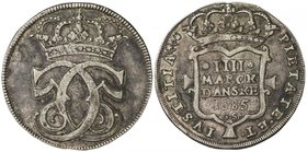 DENMARK: Christian V, 1670-1699, AR 4 mark (krone) (22.49g), 1685, KM-378, Dav-3638, VF.

 Estimate: USD 200 - 240