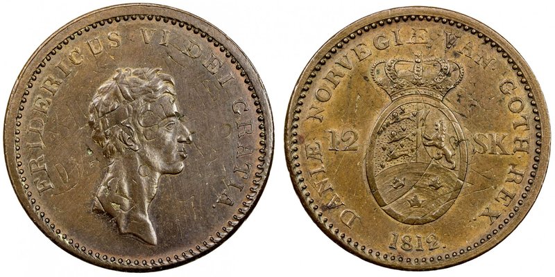 DENMARK: Frederik IV, 1808-1839, AE 12 skilling, 1812, KM-673.1, mintmaster IC, ...
