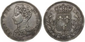 FRANCE: Henri V, Pretender, 1830-1883, AR 5 francs, 1831, KM-X35, Gadoury-651, EF. Henri, Count of Chambord, was disputedly King of France from 2 to 9...