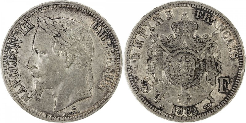 FRANCE: Napoléon III, 1852-1870, AR 5 francs, 1862, F-331/4, struck in Paris wit...