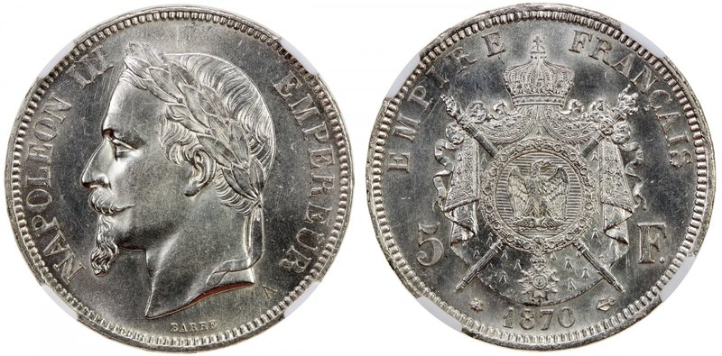 FRANCE: Napoleon III, 1852-1870, AR 5 francs, 1870-A, KM-799.1, NGC graded MS63....