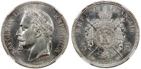 FRANCE: Napoleon III, 1852-1870, AR 5 francs, 1870-A, KM-799.1, NGC graded MS63.

 Estimate: USD 400 - 500