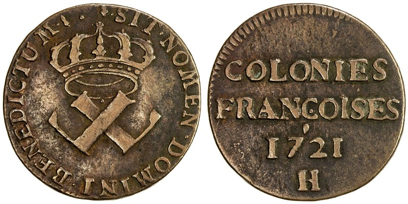FRENCH COLONIES: Louis XV, 1715-1774, AE 9 deniers (6.05g), 1721-H, KM-5.2, Leco...