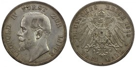 LIPPE-DETMOLD: Leopold IV, 1905-1918, AR 3 mark, 1913-A, KM-275, Jaeger 79, a few nicks above bust, one-year type, EF-AU.

 Estimate: USD 300 - 400