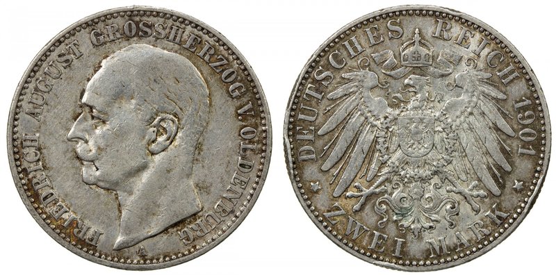 OLDENBURG: Friedrich August, 1900-1918, AR 2 mark, 1901-A, KM-202, Jaeger 94, re...