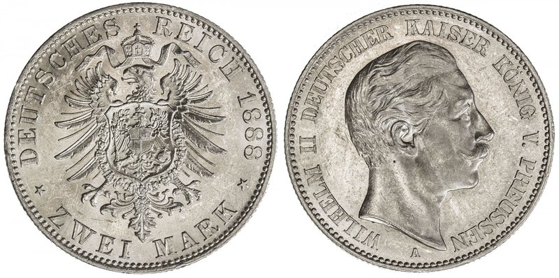 PRUSSIA: Wilhelm II, 1888-1918, AR 2 mark, 1888-A, KM-511, J-100, rare one-year ...