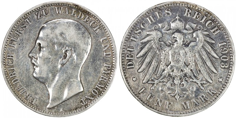 WALDECK-PYRMONT: Friedrich, 1893-1918, AR 5 mark, 1903-A, KM-192, Y-213, Jaeger ...