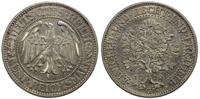 GERMANY: Weimar Republic, AR 5 reichsmark, 1928-G, KM-56, Oak Tree type, AU. Att...