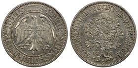 GERMANY: Weimar Republic, AR 5 reichsmark, 1928-G, KM-56, Oak Tree type, AU. Attractive coin design by the German painter and medal engraver, Maximili...