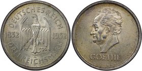GERMANY: Weimar Republic, 1918-1933, AR 3 reichsmark, 1932-A, KM-76, Jaeger 350, Centenary of the Death of Goethe, light golden tone, PCGS graded MS62...
