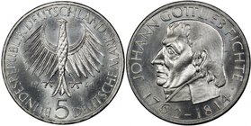 GERMANY: Federal Republic, 1955-, AR 5 mark, 1964-J, KM-118, Jaeger-393, 150th Anniversary of the Death of Johann Gottlieb Fichte, PCGS graded MS65.
...