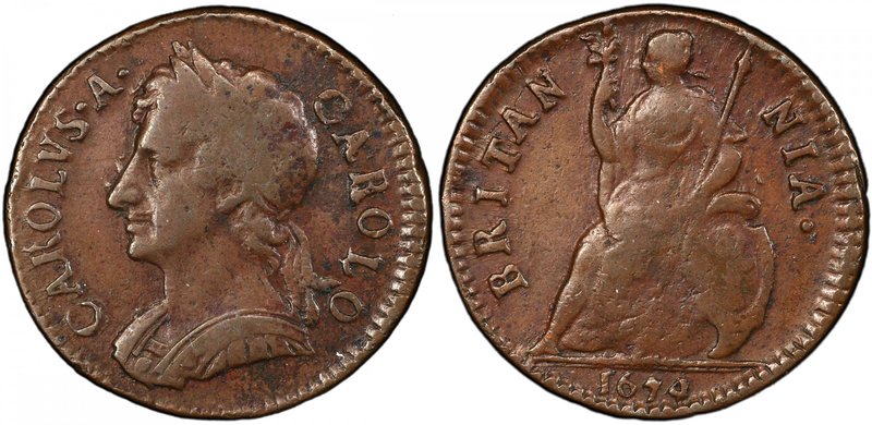 GREAT BRITAIN: Charles II, 1660-1685, AE farthing, 1674, KM-436.1, Spink 3394, s...