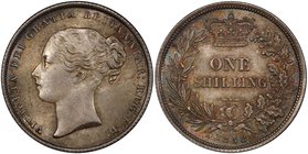 GREAT BRITAIN: Victoria, 1837-1901, AR shilling, 1858, KM-734.1, Spink 3904, light multicolored toning, PCGS graded MS65.

 Estimate: USD 250 - 350