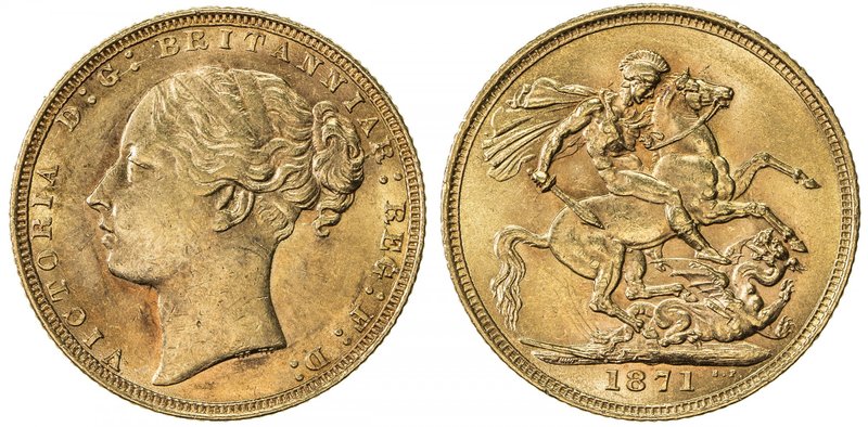 GREAT BRITAIN: Victoria, 1837-1901, AV sovereign, 1871, KM-571, S-3856, AU.

 ...