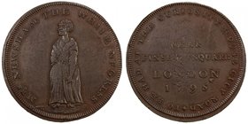 GREAT BRITAIN: AE penny token, 1795, D&H-28, "White Negress" sideshow token, full figure of a black woman standing on the obverse with the legend, MRS...