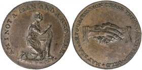 GREAT BRITAIN: AE halfpenny token (9.45g), ND (ca. 1795), Dalton & Hamer 1038b var, 27mm bronze Conder token, kneeling slave shackled in chains with l...