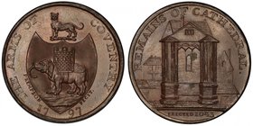 GREAT BRITAIN: AE halfpenny token, 1797, D&H-257, Coventry, Warwickshire, REMAINS OF CATHEDRAL around image of same, ERECTED 1043 in exergue // THE AR...